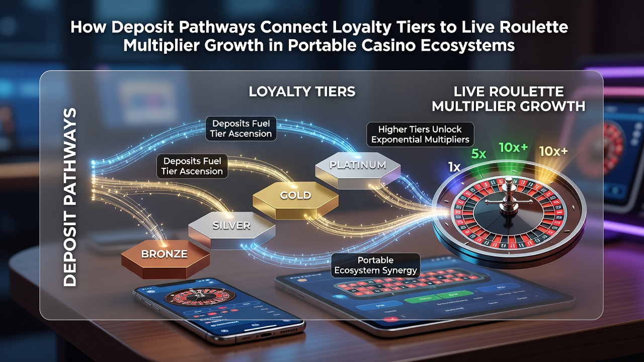Diagramm zeigt Einzahlungspfade die Loyalitätsstufen mit Multiplikatorwachstum im mobilen Live-Roulette verbinden